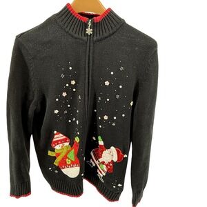 Christmas Cardigan Full Zip Mercer Street‎ Studio Size M Santa Snowman Beaded